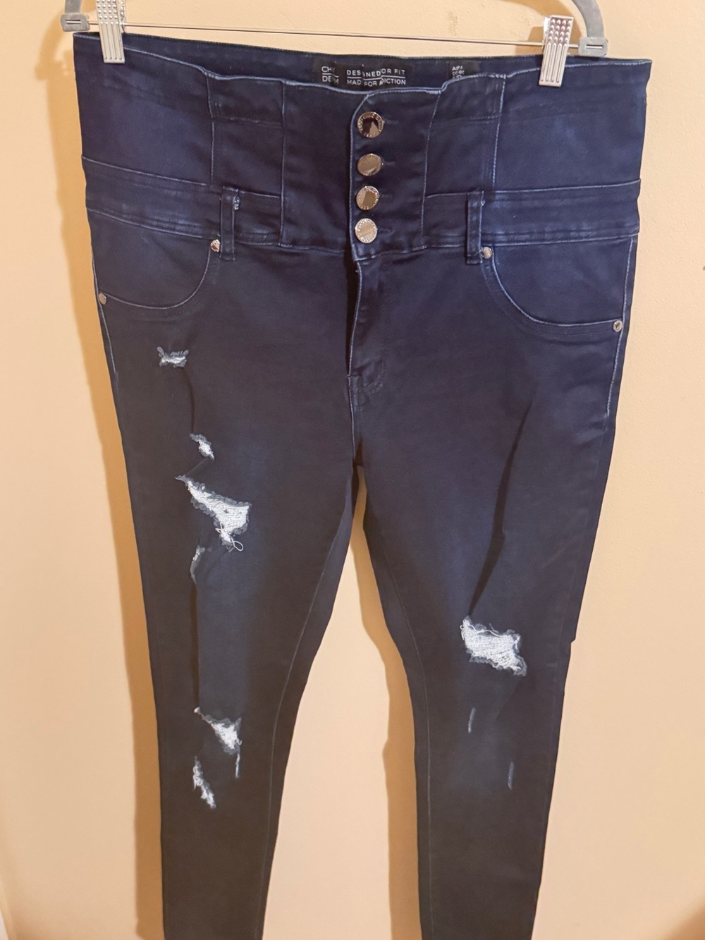 City Chic Blue Distressed Skinny Jeans with Button Fly